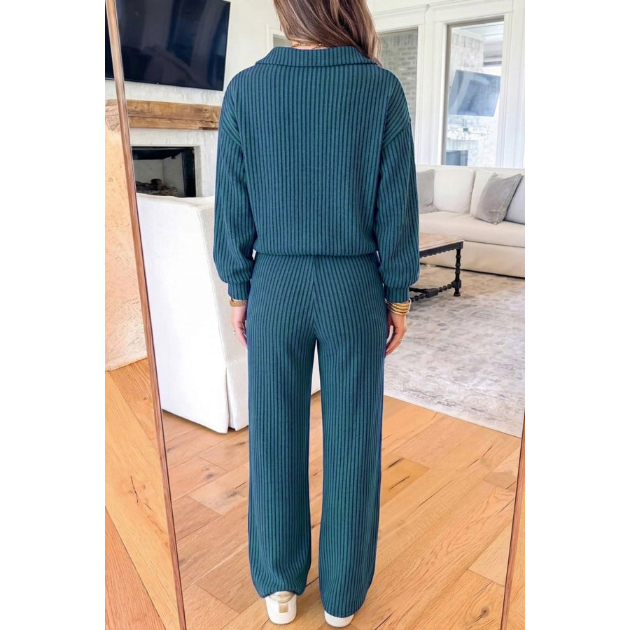 Sky Blue Ribbed Knit Collar V Neck Pullover Drawstring Waist Pants 2pcs Set Two Piece Sets/Pant Sets