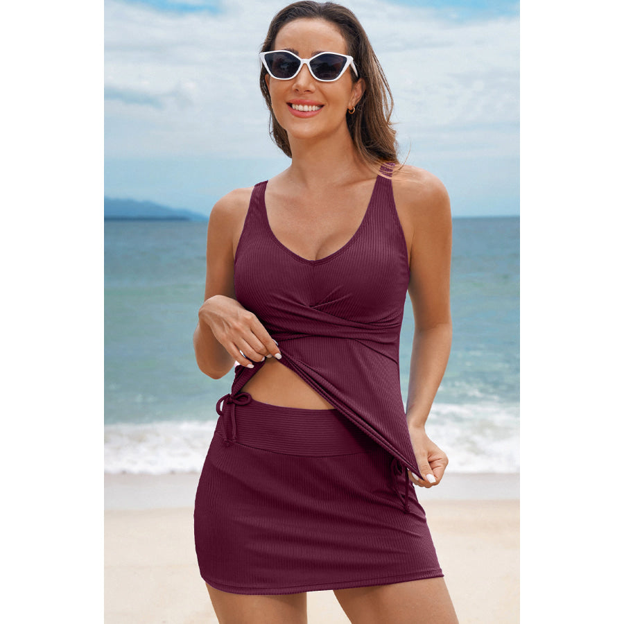 Sky Blue Ribbed Knit Crossed Detail Tank Skort 2pcs Swimsuit Swimwear/Tankinis