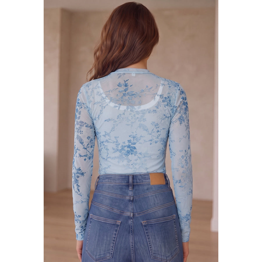 Sky Blue Sheer Mesh Floral Printed Mock Neck Long Sleeve Bodysuit Tops/Bodysuits
