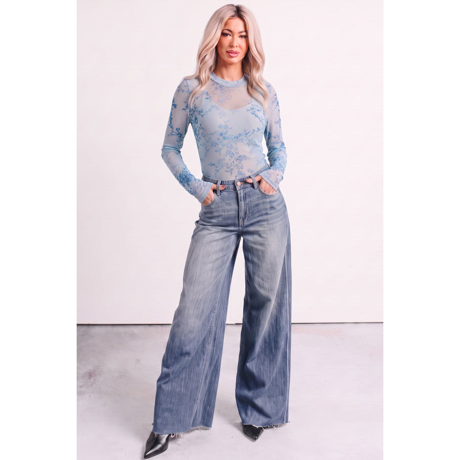 Sky Blue Sheer Mesh Floral Printed Mock Neck Long Sleeve Bodysuit Tops/Bodysuits