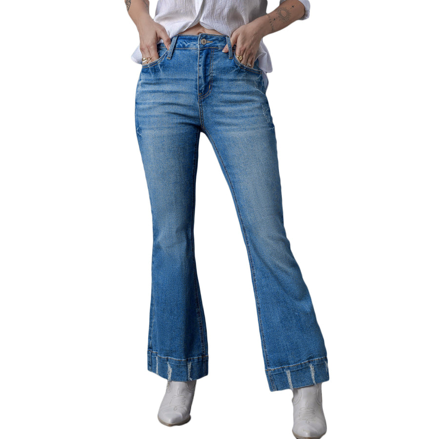 Sky Blue Slight Distressed Medium Wash Flare Jeans Bottoms/Jeans