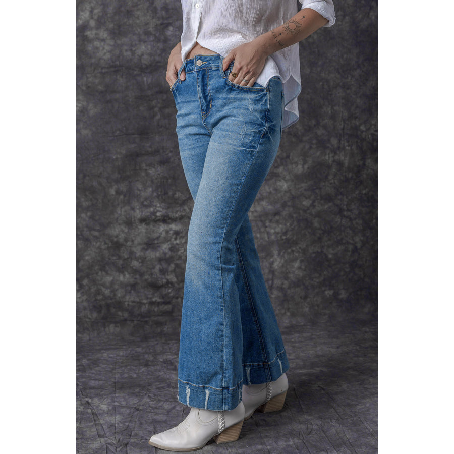 Sky Blue Slight Distressed Medium Wash Flare Jeans Bottoms/Jeans
