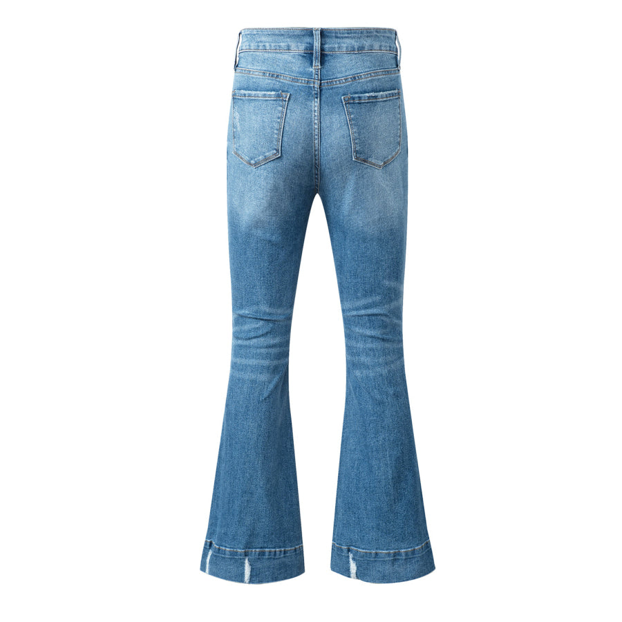 Sky Blue Slight Distressed Medium Wash Flare Jeans Bottoms/Jeans