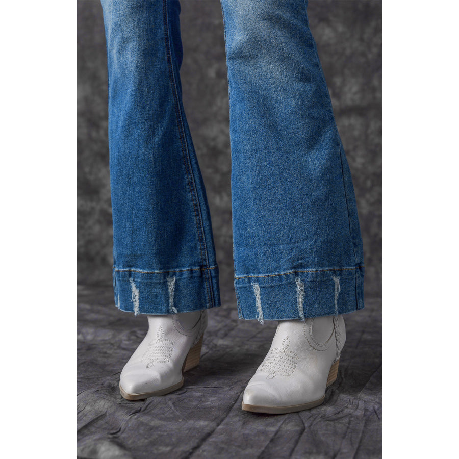Sky Blue Slight Distressed Medium Wash Flare Jeans Bottoms/Jeans