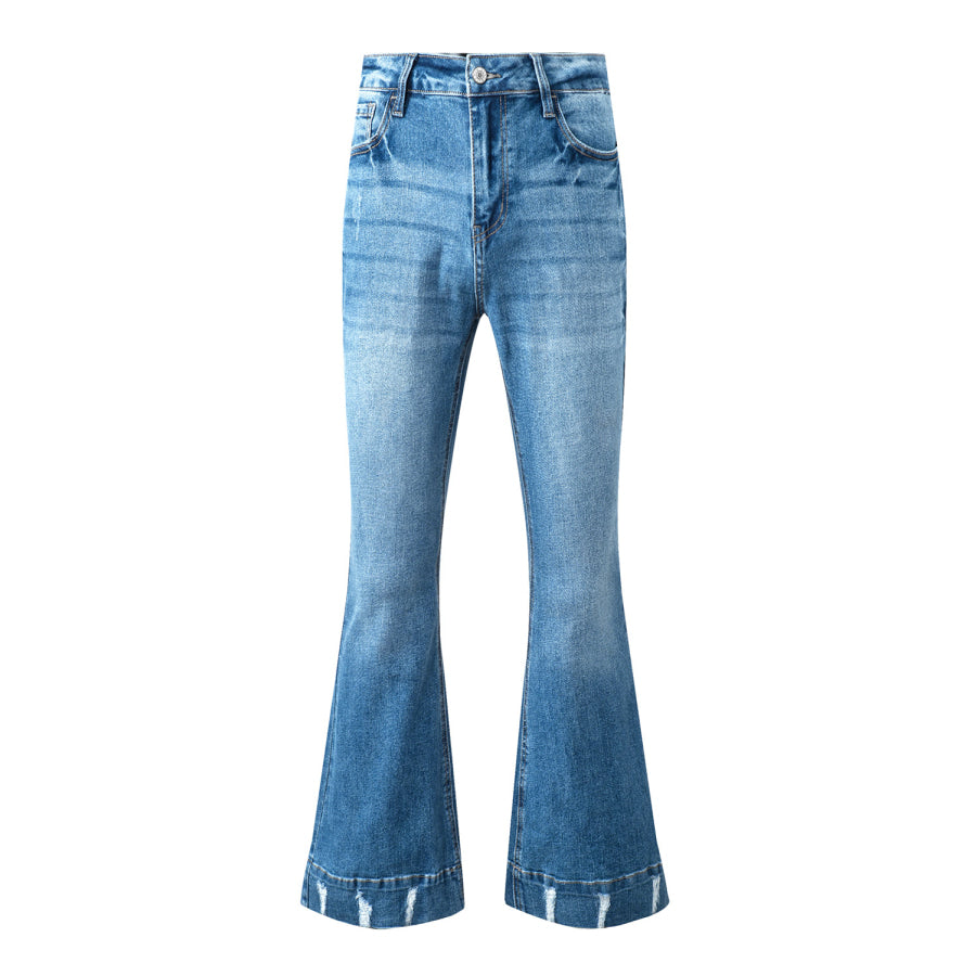 Sky Blue Slight Distressed Medium Wash Flare Jeans Bottoms/Jeans