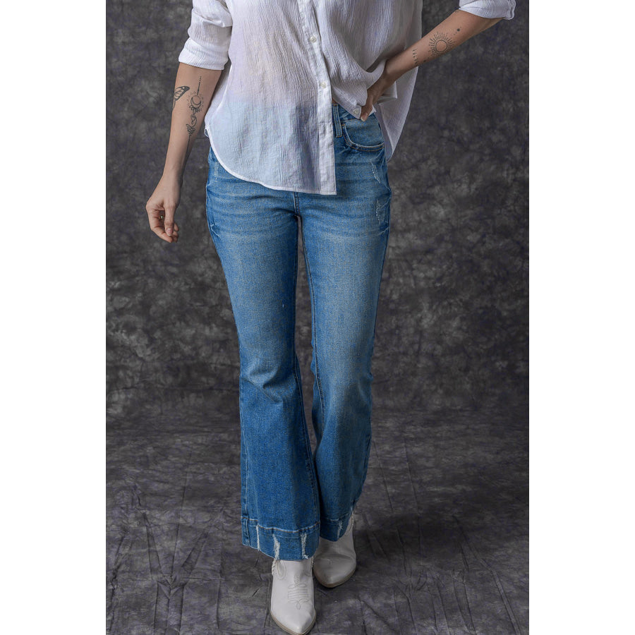 Sky Blue Slight Distressed Medium Wash Flare Jeans Bottoms/Jeans