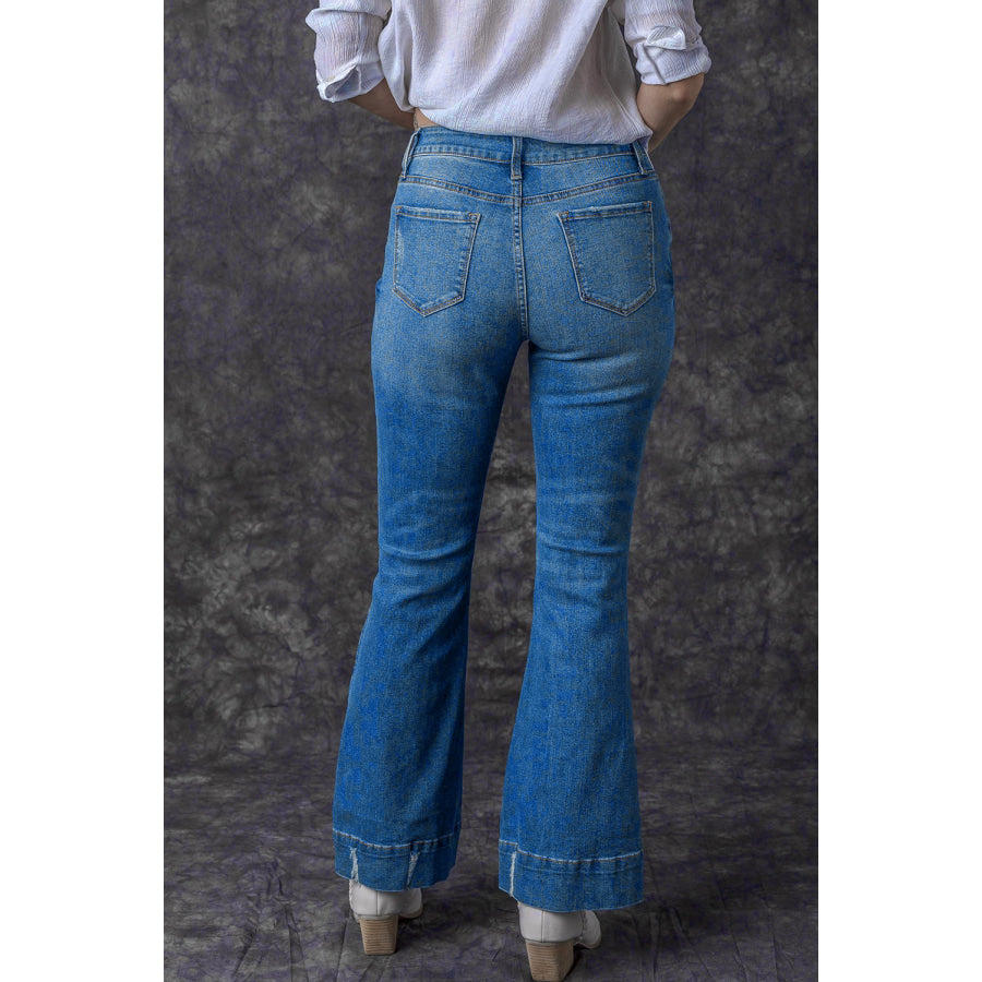 Sky Blue Slight Distressed Medium Wash Flare Jeans Bottoms/Jeans