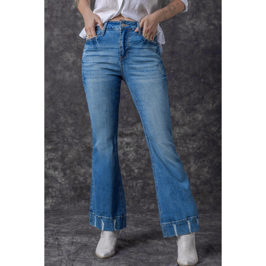 Sky Blue Slight Distressed Medium Wash Flare Jeans Bottoms/Jeans