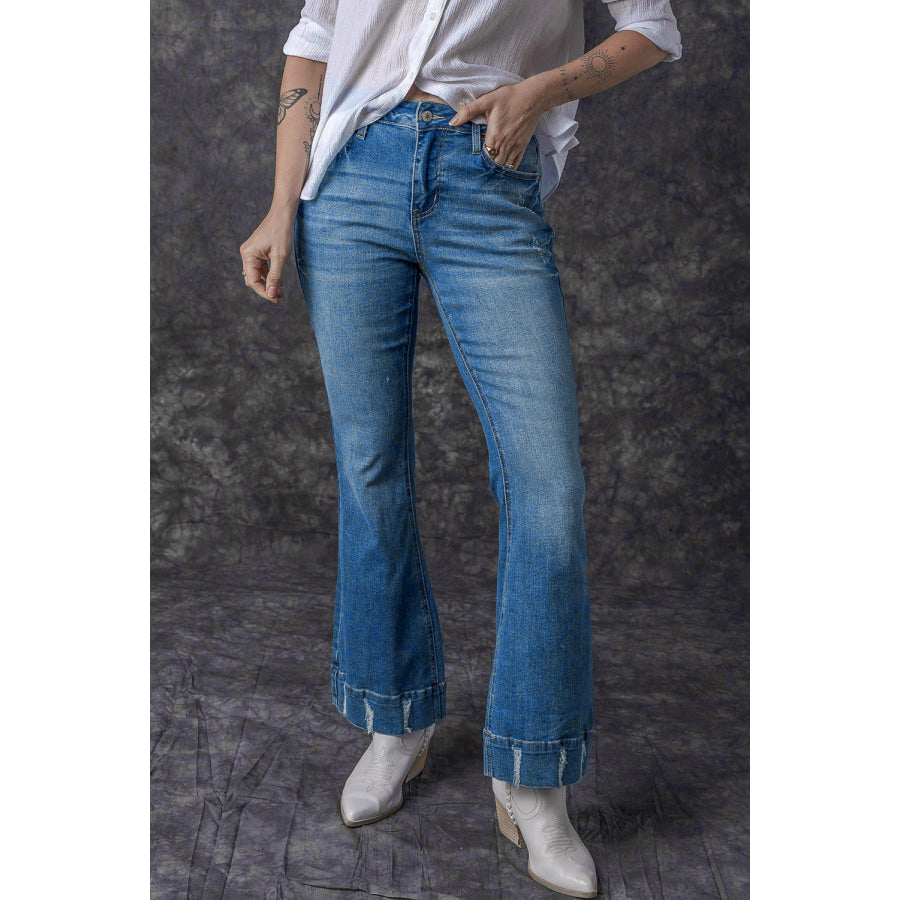 Sky Blue Slight Distressed Medium Wash Flare Jeans Bottoms/Jeans