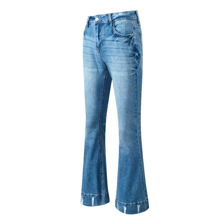 Sky Blue Slight Distressed Medium Wash Flare Jeans Bottoms/Jeans