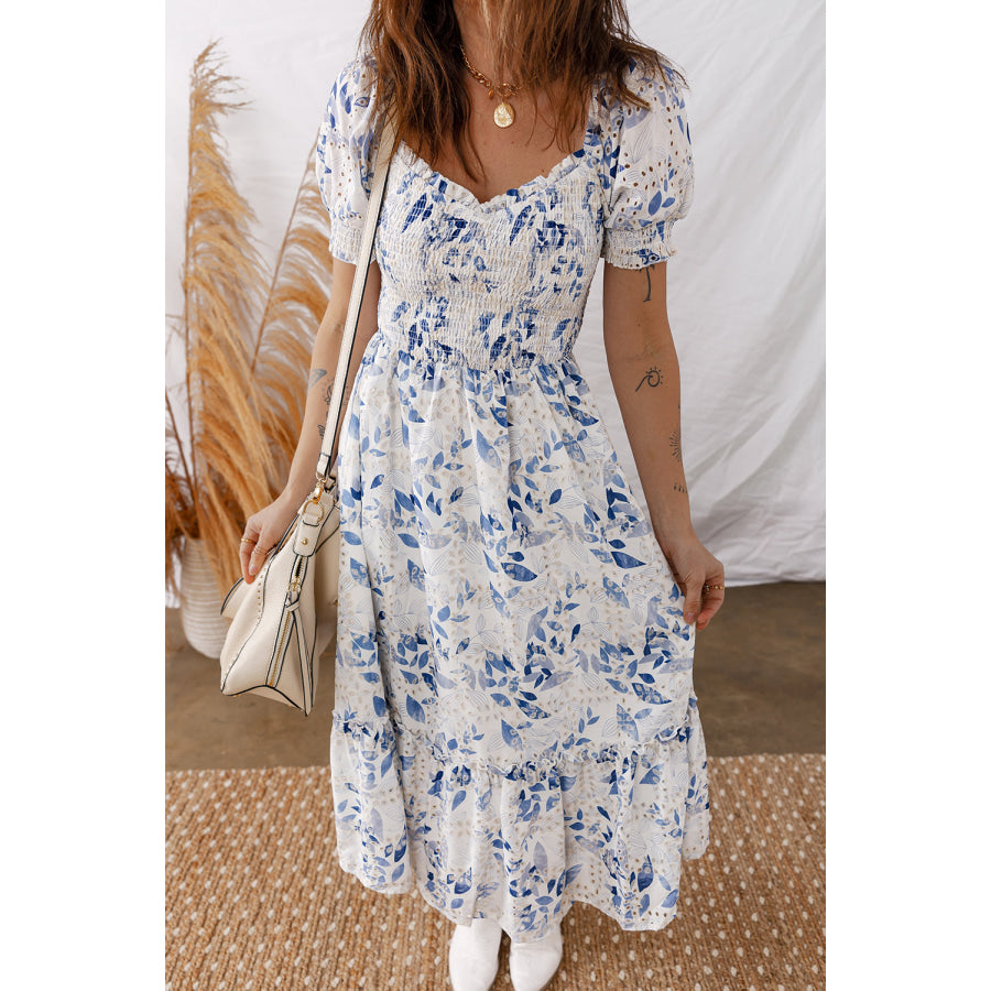 Sky Blue Smocked Bodice Short Puff Sleeve Tiered Floral Midi Dress Dresses/Floral Dresses