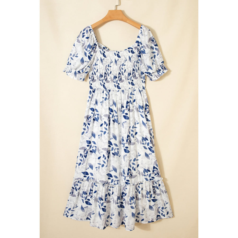 Sky Blue Smocked Bodice Short Puff Sleeve Tiered Floral Midi Dress Dresses/Floral Dresses