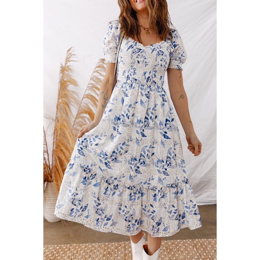 Sky Blue Smocked Bodice Short Puff Sleeve Tiered Floral Midi Dress Dresses/Floral Dresses
