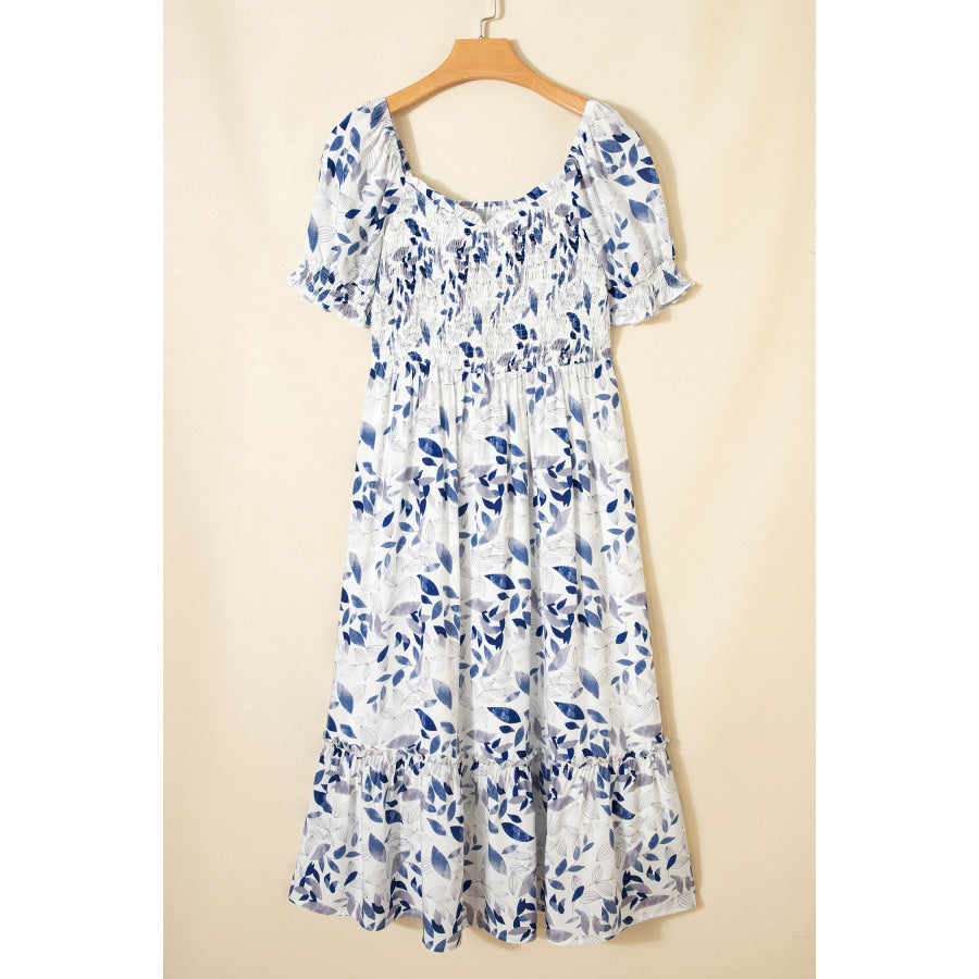 Sky Blue Smocked Bodice Short Puff Sleeve Tiered Floral Midi Dress Dresses/Floral Dresses