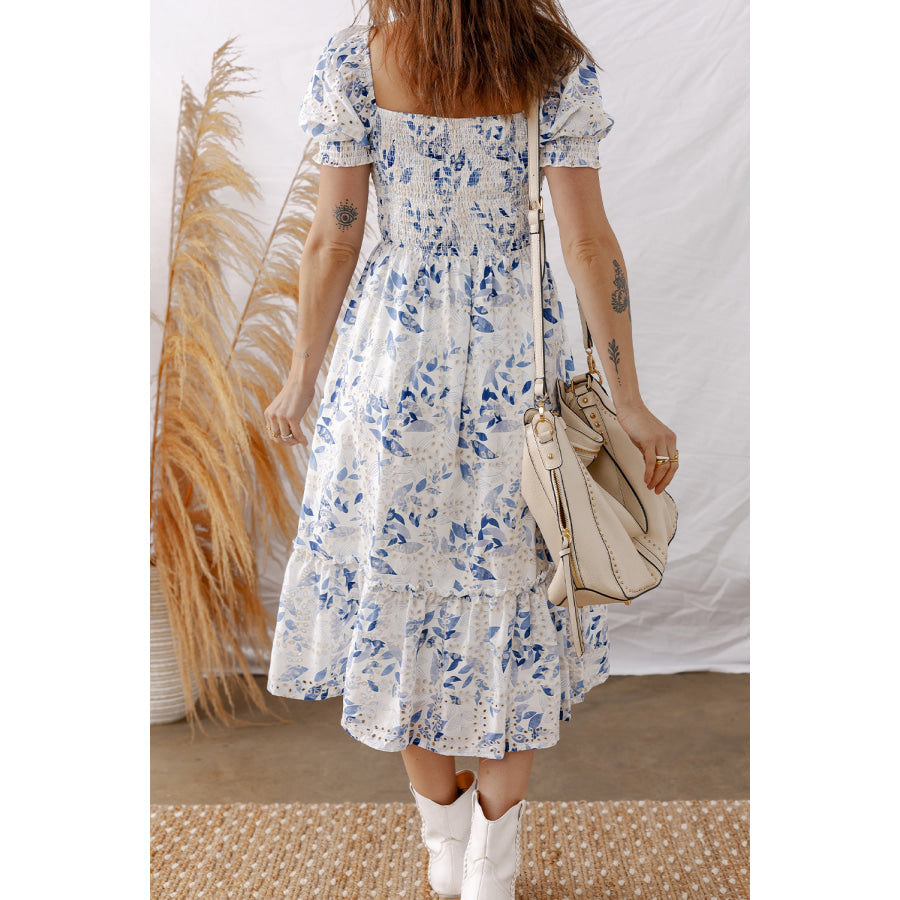 Sky Blue Smocked Bodice Short Puff Sleeve Tiered Floral Midi Dress Dresses/Floral Dresses