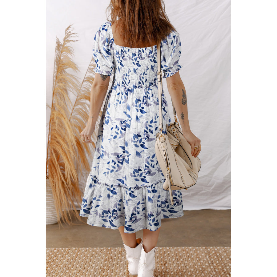Sky Blue Smocked Bodice Short Puff Sleeve Tiered Floral Midi Dress Dresses/Floral Dresses