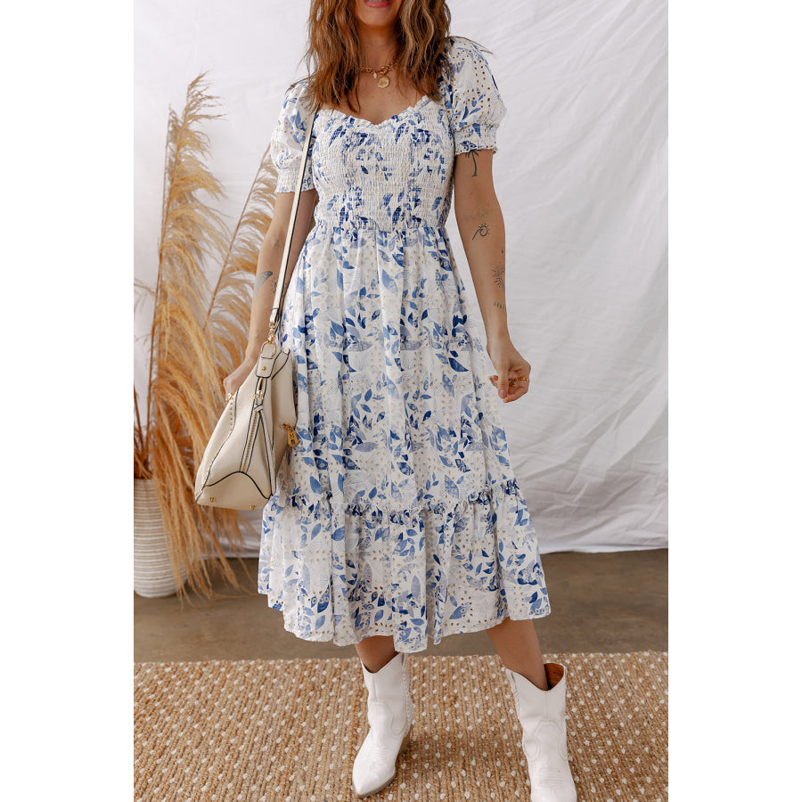 Sky Blue Smocked Bodice Short Puff Sleeve Tiered Floral Midi Dress Sky Blue / S / 100% Viscose Dresses/Floral Dresses