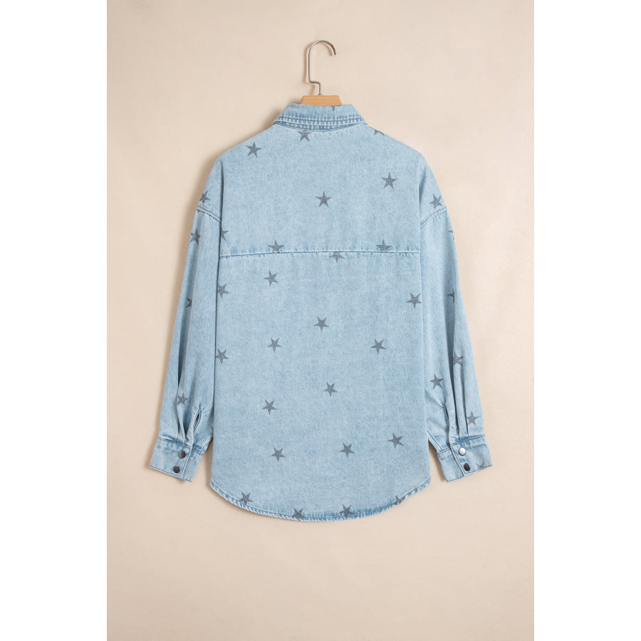 Sky Blue Stars Pattern Long Sleeve Shirt Collar Denim Jacket Outerwear/Denim jackets