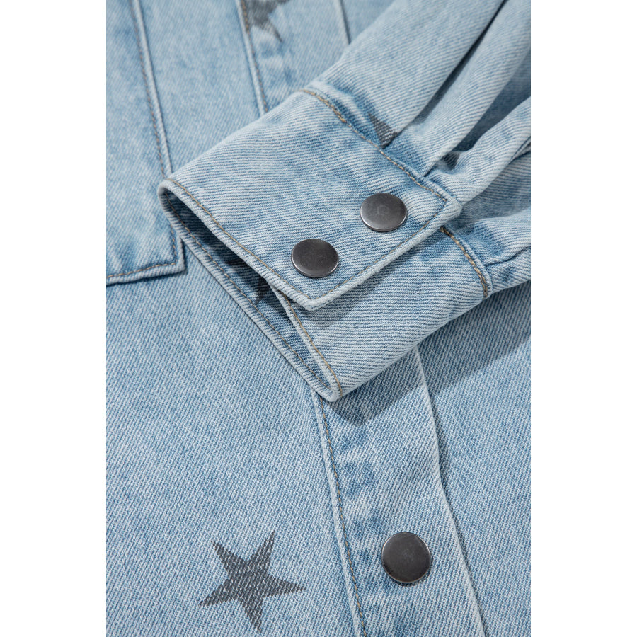 Sky Blue Stars Pattern Long Sleeve Shirt Collar Denim Jacket Outerwear/Denim jackets