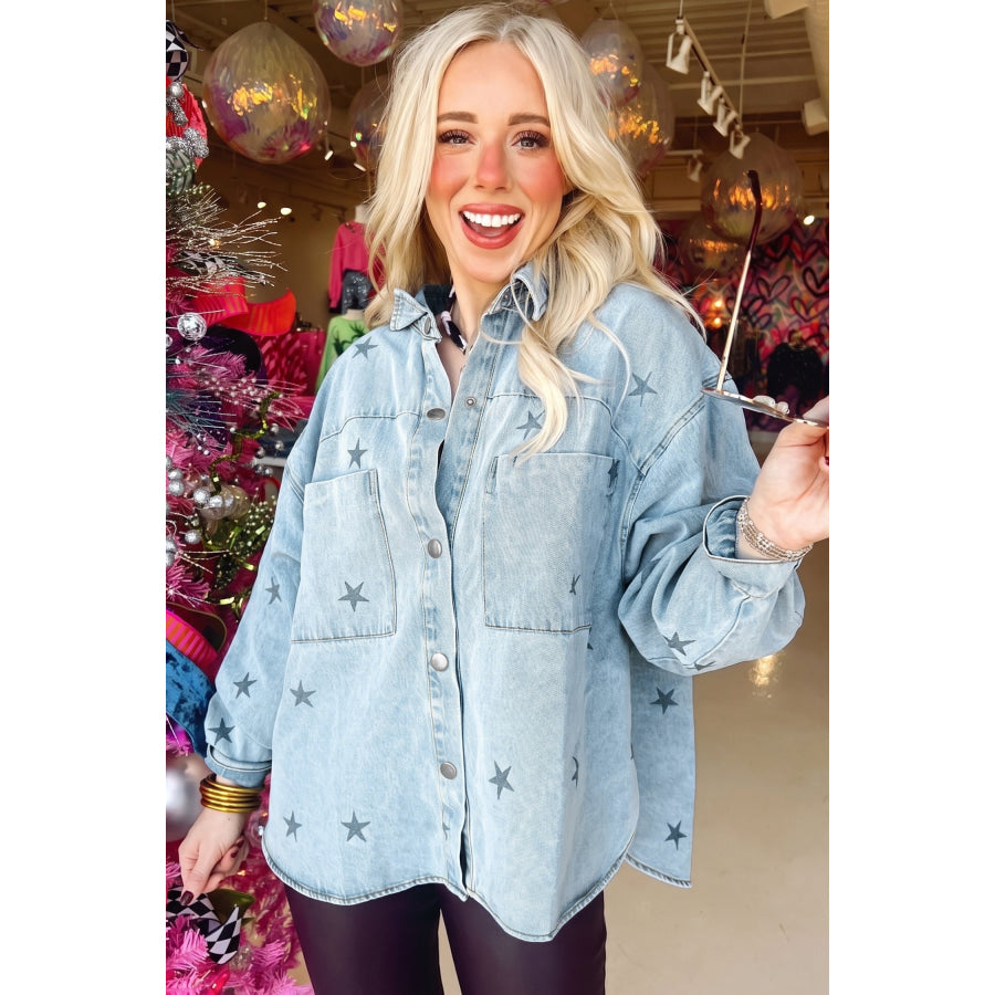 Sky Blue Stars Pattern Long Sleeve Shirt Collar Denim Jacket Outerwear/Denim jackets