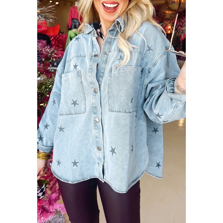 Sky Blue Stars Pattern Long Sleeve Shirt Collar Denim Jacket Outerwear/Denim jackets