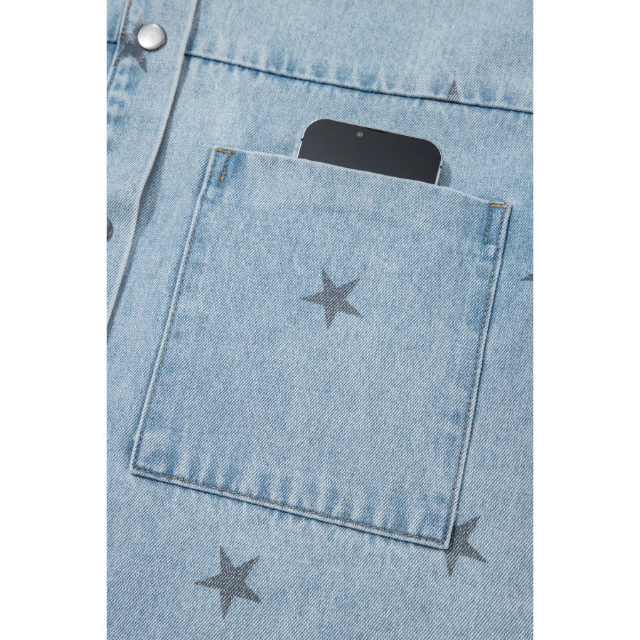 Sky Blue Stars Pattern Long Sleeve Shirt Collar Denim Jacket Outerwear/Denim jackets