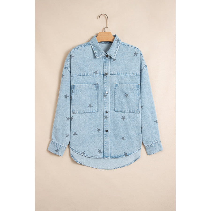 Sky Blue Stars Pattern Long Sleeve Shirt Collar Denim Jacket Outerwear/Denim jackets