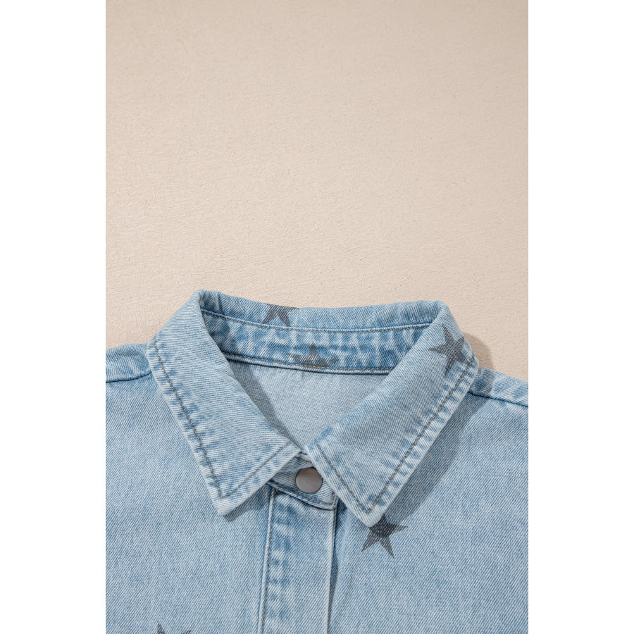 Sky Blue Stars Pattern Long Sleeve Shirt Collar Denim Jacket Outerwear/Denim jackets