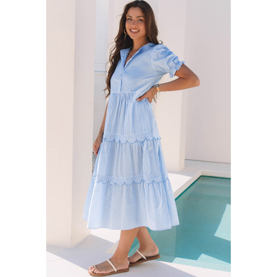 Sky Blue Stripe Bubble Short Sleeve Tiered Scallop Long Dress Dresses/Maxi Dresses