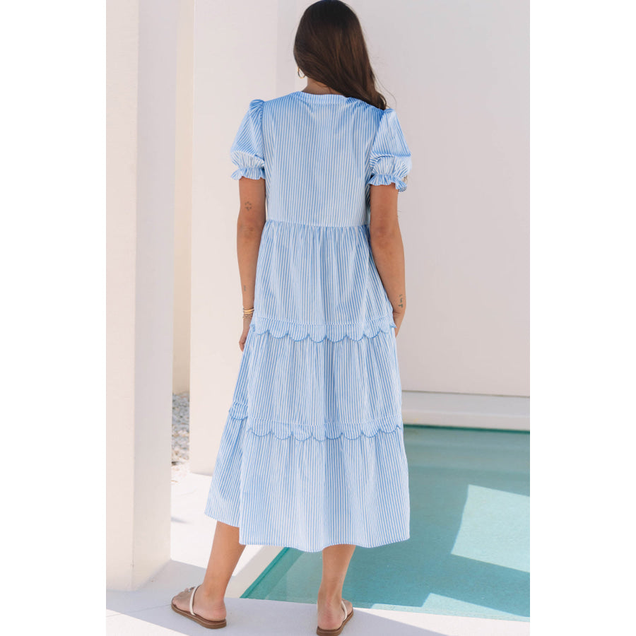 Sky Blue Stripe Bubble Short Sleeve Tiered Scallop Long Dress Dresses/Maxi Dresses