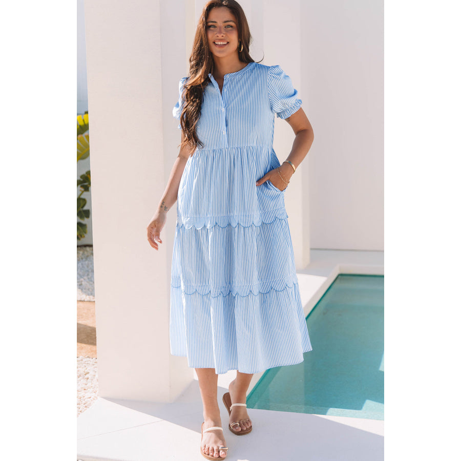 Sky Blue Stripe Bubble Short Sleeve Tiered Scallop Long Dress Dresses/Maxi Dresses