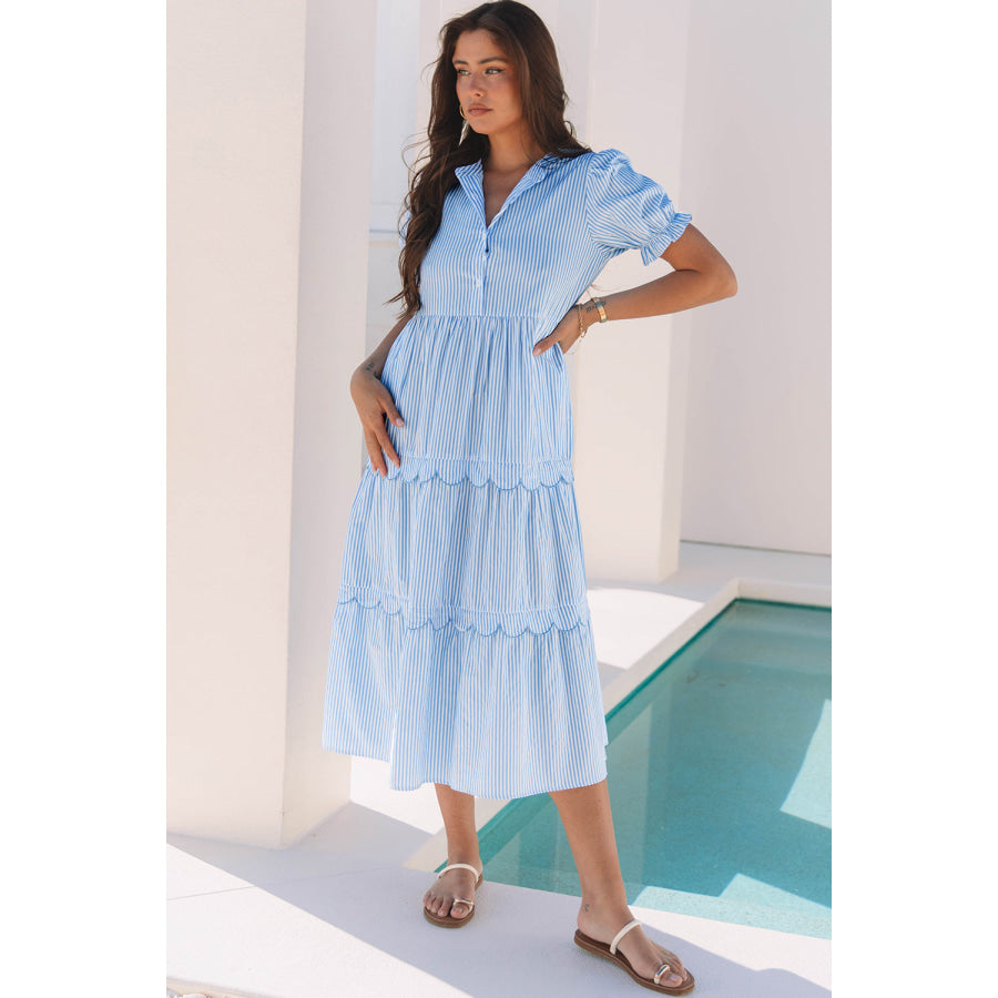 Sky Blue Stripe Bubble Short Sleeve Tiered Scallop Long Dress Dresses/Maxi Dresses