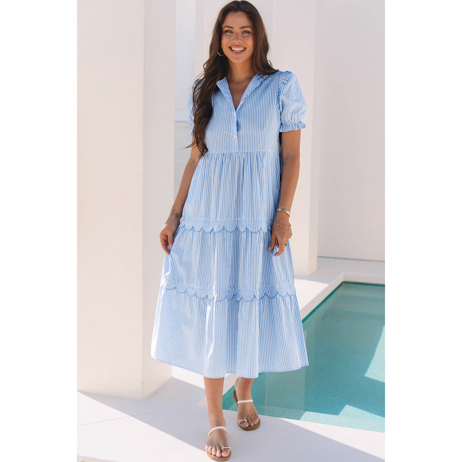 Sky Blue Stripe Bubble Short Sleeve Tiered Scallop Long Dress Sky Blue Stripe / S / 65% Polyester + 35% Cotton Dresses/Maxi Dresses