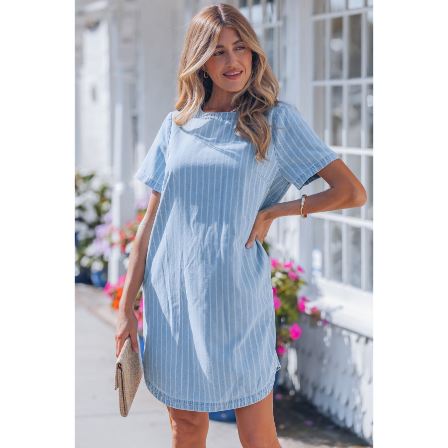 Sky Blue Stripe Buttoned Back T-Shirt Denim Mini Dress Dresses/Mini Dresses
