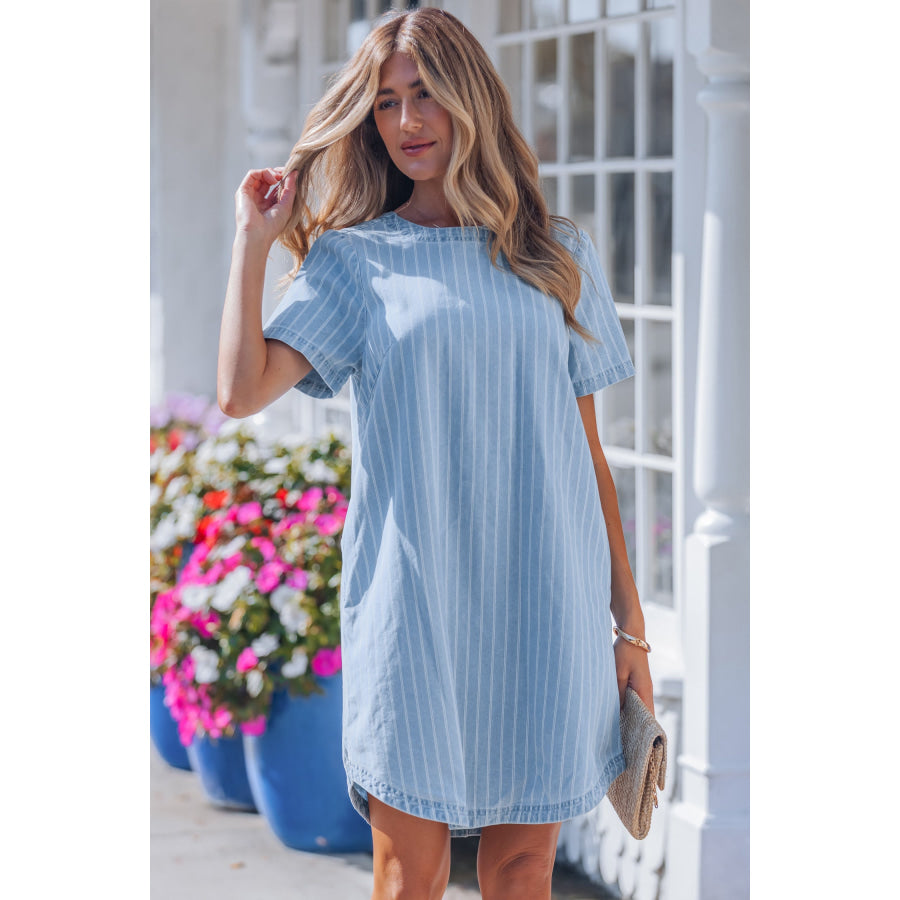 Sky Blue Stripe Buttoned Back T-Shirt Denim Mini Dress Dresses/Mini Dresses