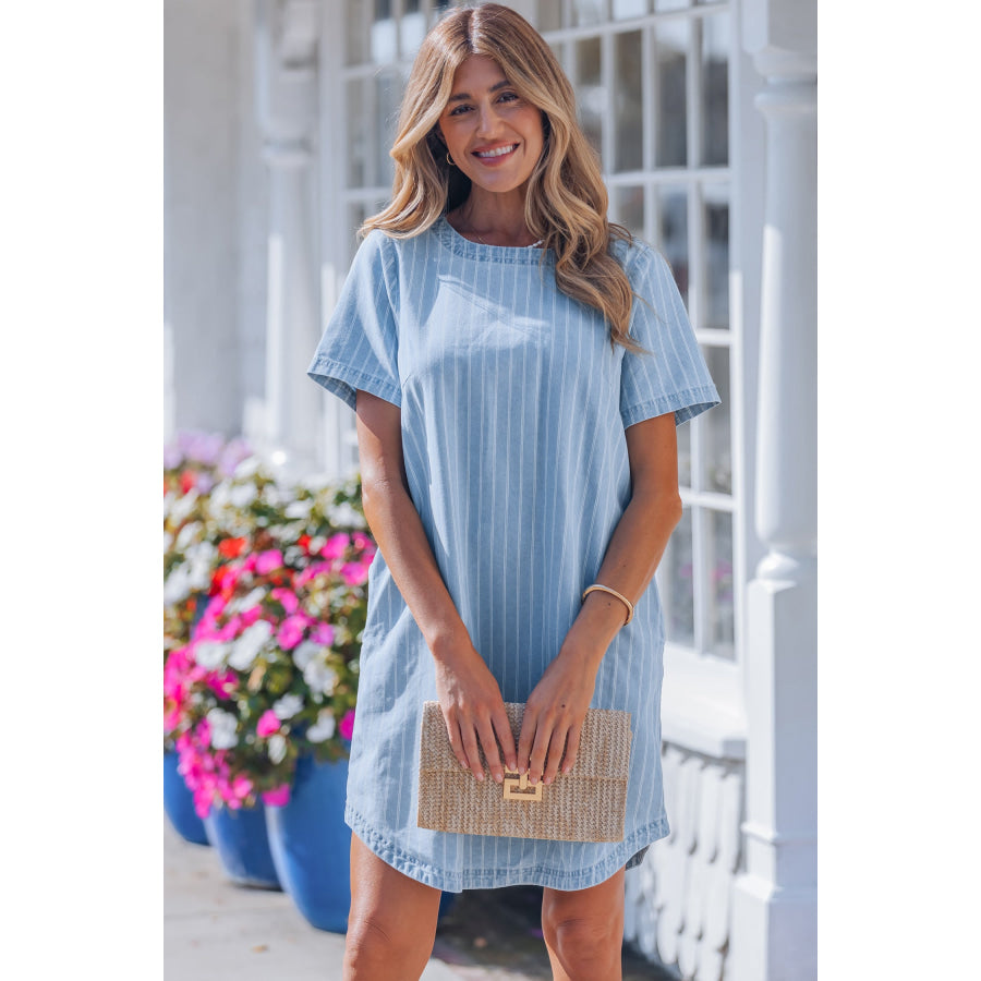 Sky Blue Stripe Buttoned Back T-Shirt Denim Mini Dress Dresses/Mini Dresses