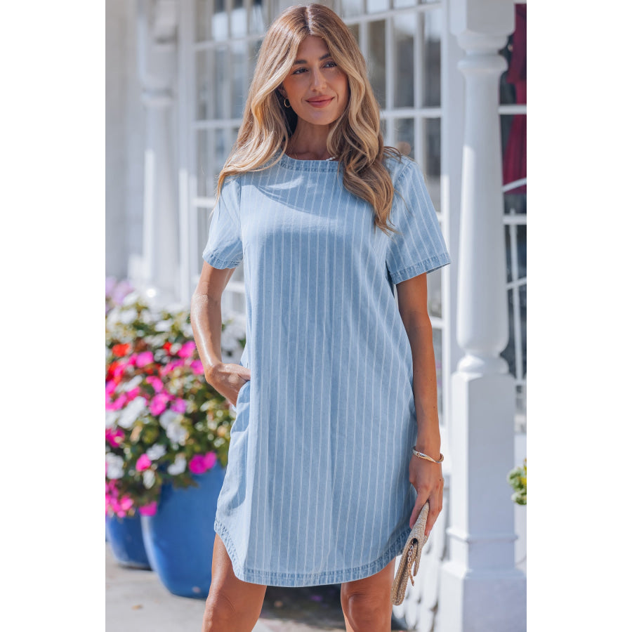Sky Blue Stripe Buttoned Back T-Shirt Denim Mini Dress Sky Blue Stripe / S / 74.7% Cotton + 16.5% Polyester + 8.8% Regenerated Fibre