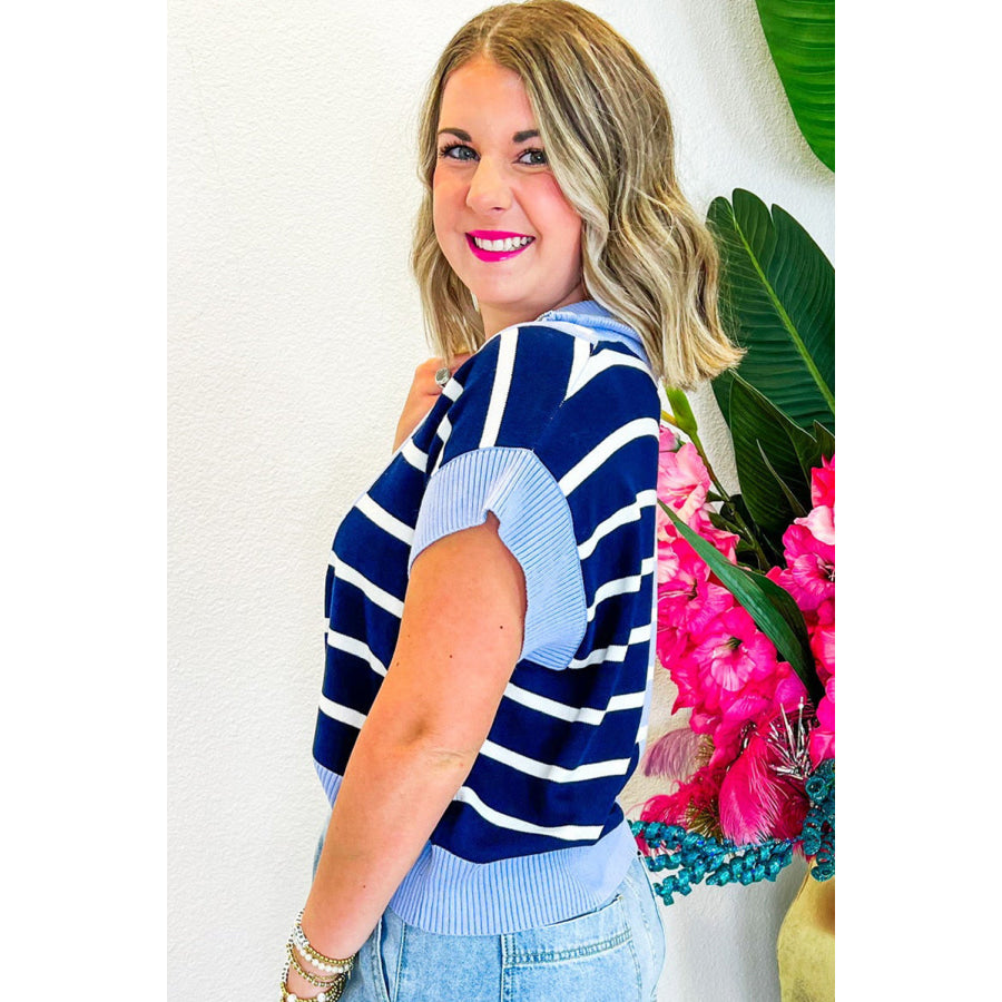 Sky Blue Stripe Colorblock Quarter Zip Collar Sweater Vest Sweaters & Cardigans/Sweater Vests