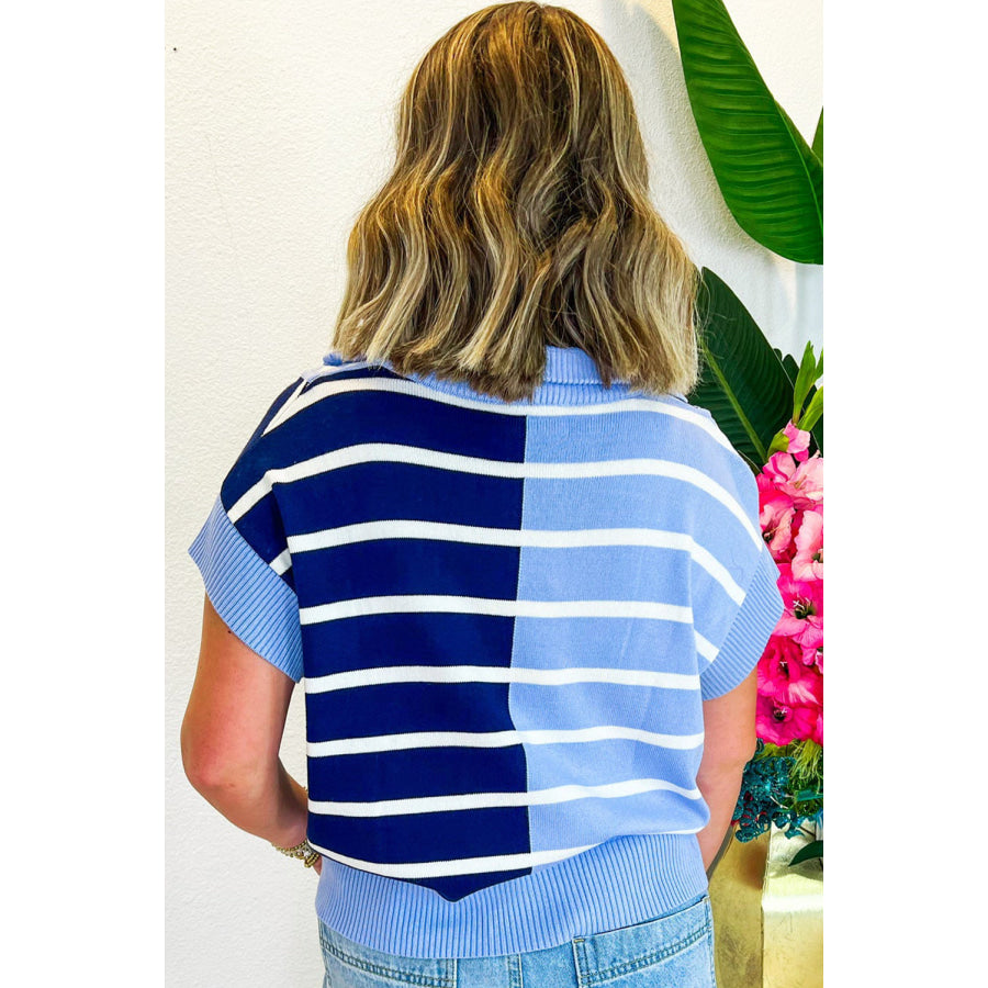 Sky Blue Stripe Colorblock Quarter Zip Collar Sweater Vest Sweaters & Cardigans/Sweater Vests