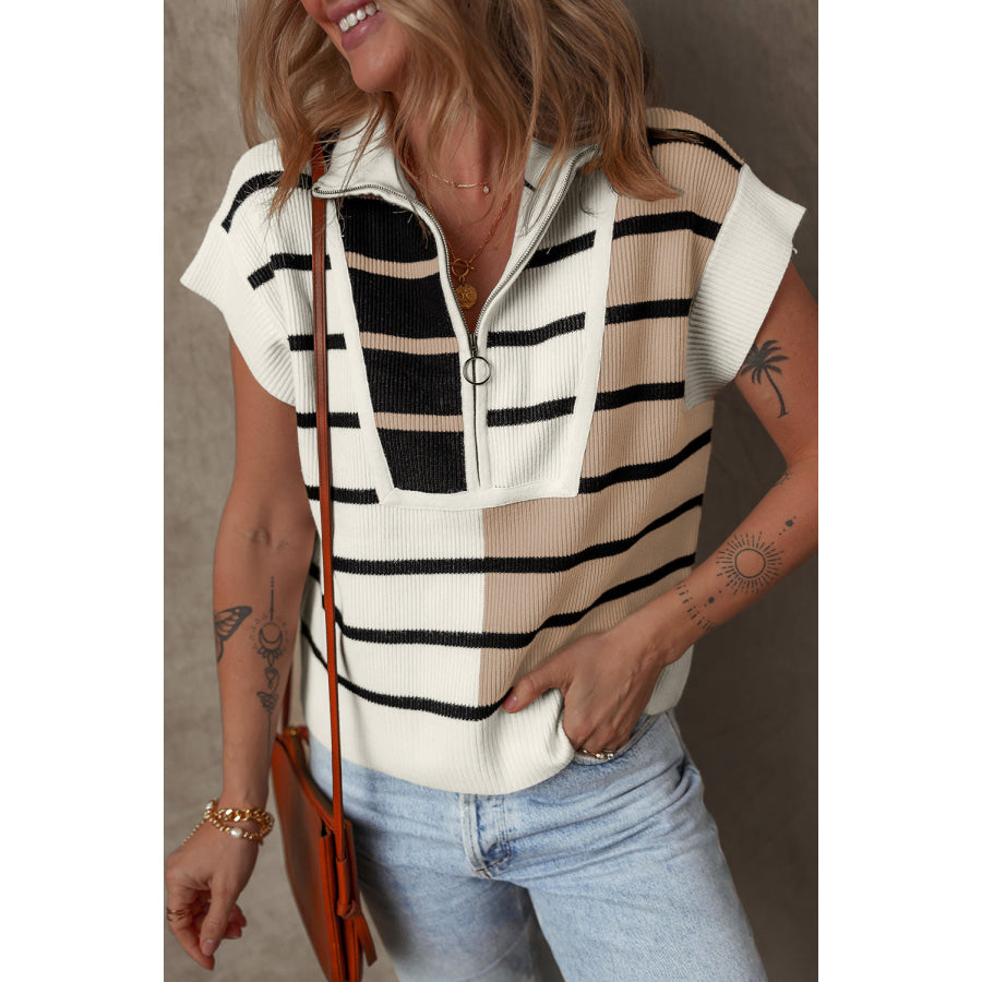Sky Blue Stripe Colorblock Quarter Zip Collar Sweater Vest Sweaters & Cardigans/Sweater Vests