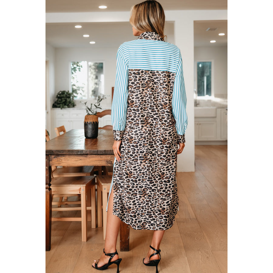 Sky Blue Stripe Contrast Leopard Patchwork Long Shirt Dress with Slits Sky Blue Stripe / S / 100% Polyester Dresses/Maxi Dresses