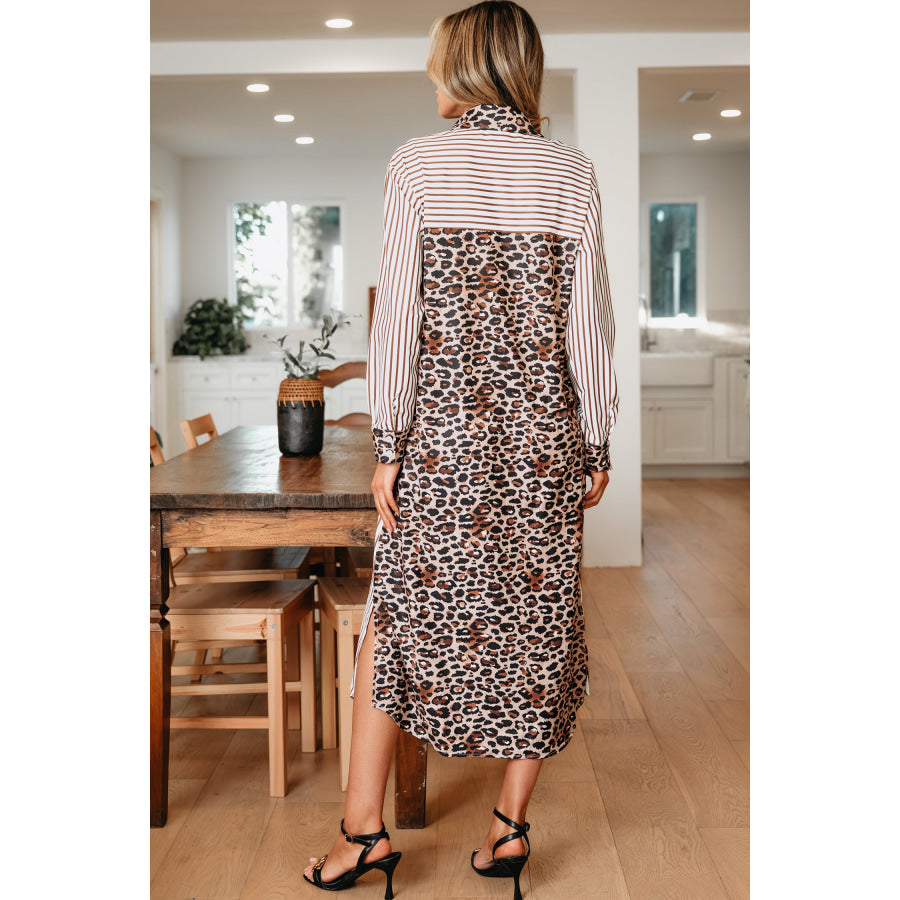 Sky Blue Stripe Contrast Leopard Patchwork Long Shirt Dress with Slits Dresses/Maxi Dresses