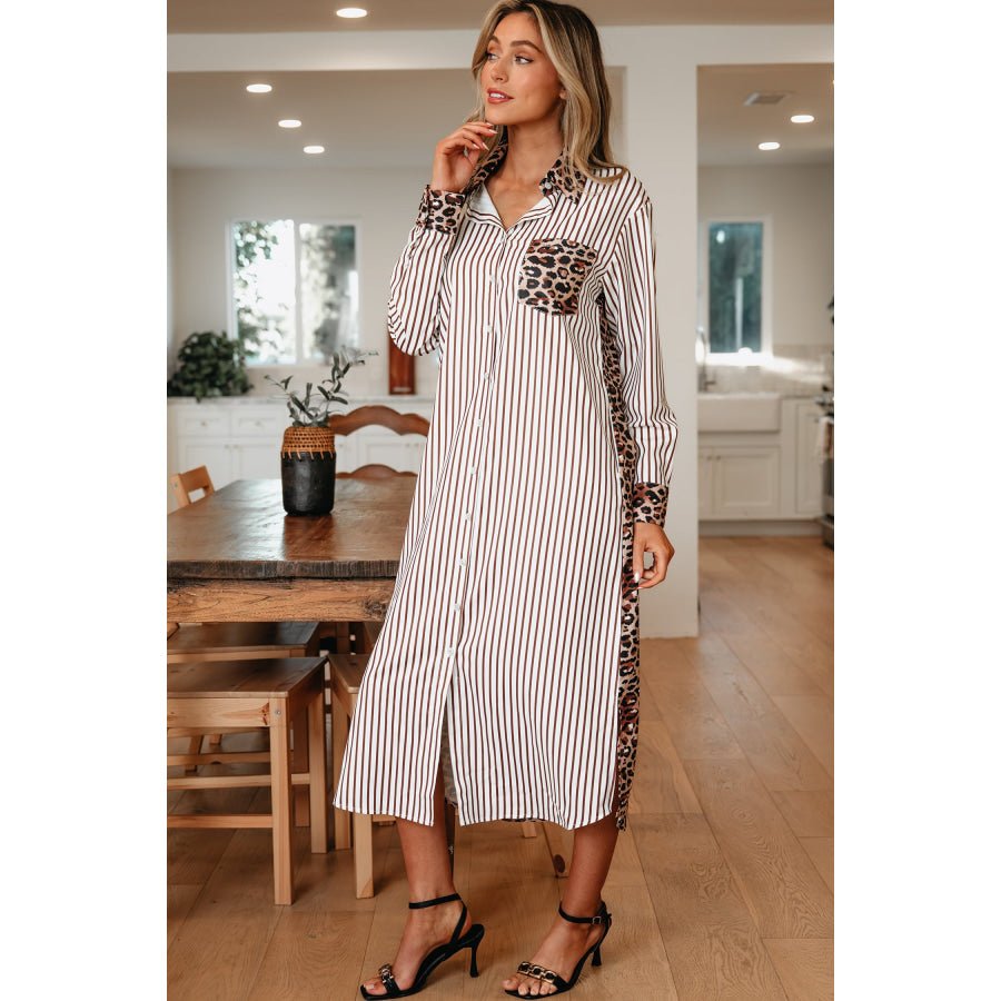 Sky Blue Stripe Contrast Leopard Patchwork Long Shirt Dress with Slits Dresses/Maxi Dresses