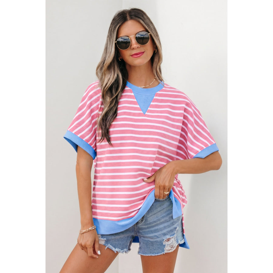 Sky Blue Stripe Contrast Trim Loose Short Sleeve Top Pink Stripe / S / 55% Regenerated Polyester + 40% Cotton + 5% Elastane Tops/Tops & Tees