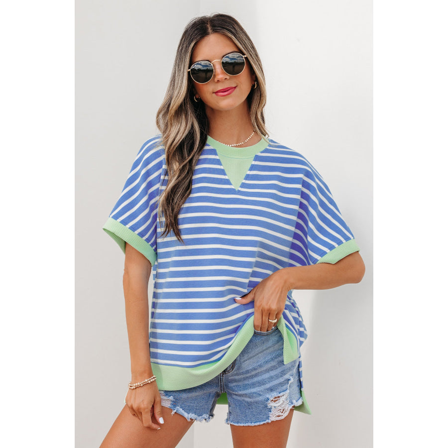 Sky Blue Stripe Contrast Trim Loose Short Sleeve Top Sky Blue Stripe / S / 55% Regenerated Polyester + 40% Cotton + 5% Elastane Tops/Tops &