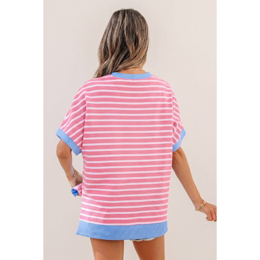 Sky Blue Stripe Contrast Trim Loose Short Sleeve Top Tops/Tops & Tees