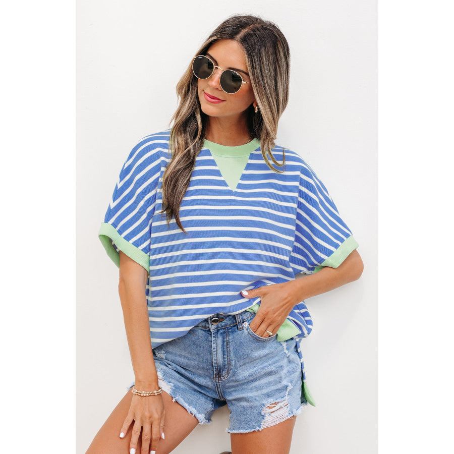 Sky Blue Stripe Contrast Trim Loose Short Sleeve Top Tops/Tops & Tees