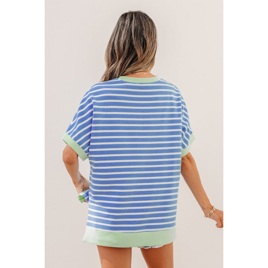 Sky Blue Stripe Contrast Trim Loose Short Sleeve Top Tops/Tops & Tees