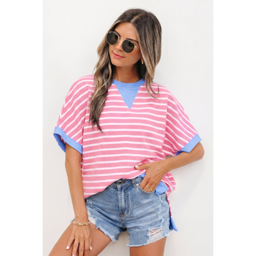 Sky Blue Stripe Contrast Trim Loose Short Sleeve Top Tops/Tops & Tees