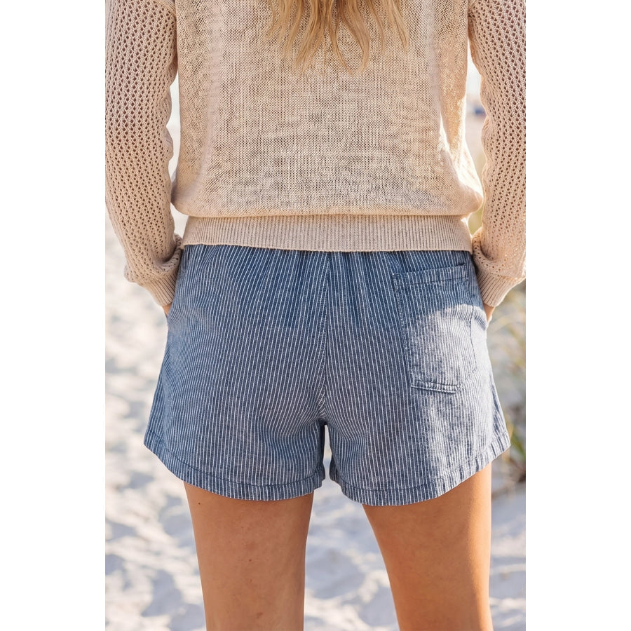Sky Blue Stripe Drawstring Elastic Waist Casual Denim Shorts Bottoms/Denim Shorts
